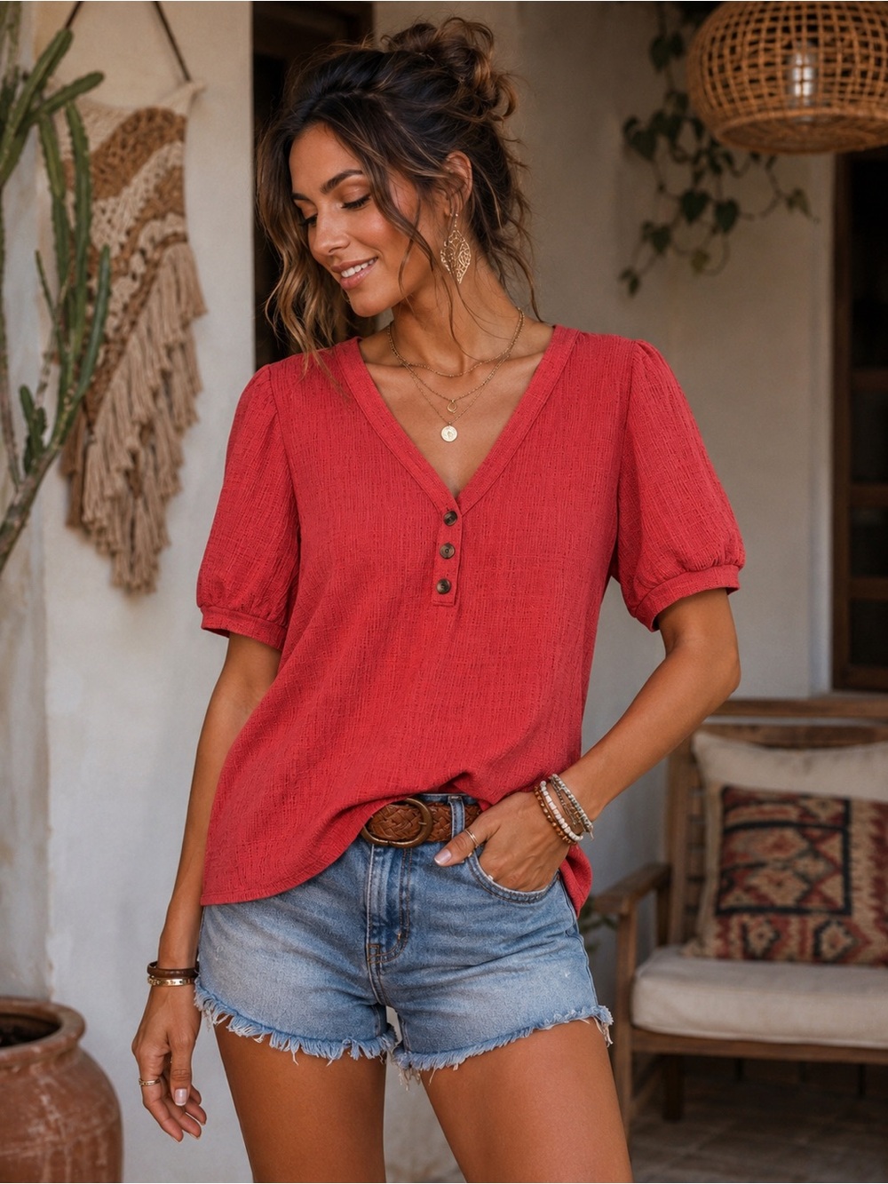 LOFT Textured V-Neck Puff Sleeve Top